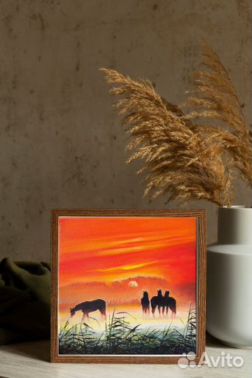 Картина маслом. Лошадки на рассвете. Пейзаж