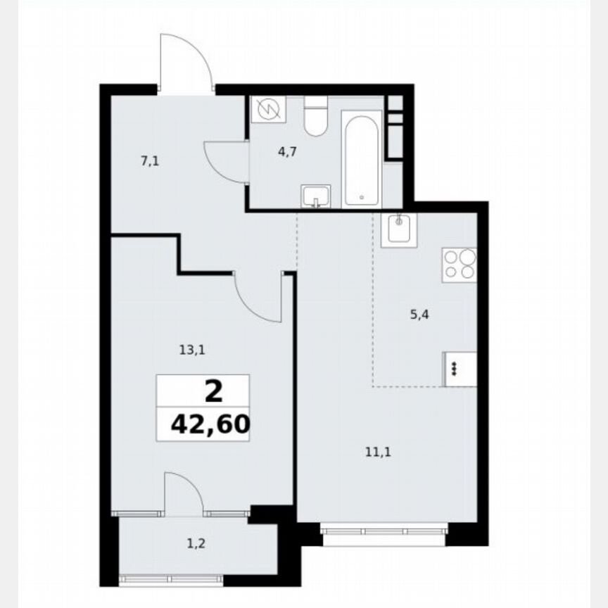 2-к. квартира, 42,6 м², 4/16 эт.