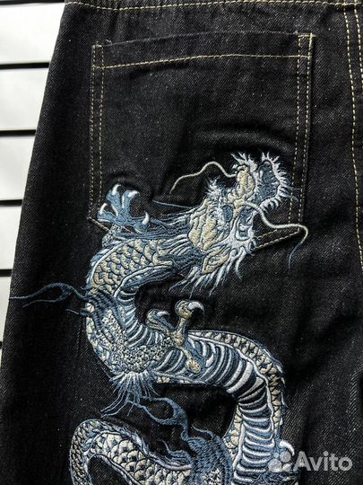 Джинсы Evisu dragon черные с синим драконом