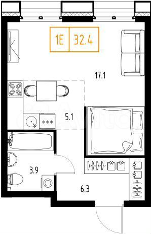 Квартира-студия, 32,4 м², 8/8 эт.