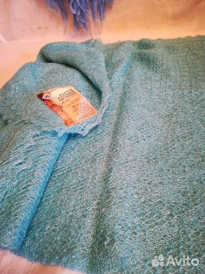 Оренбургский платок ажурный, голубой 160х160 с бир