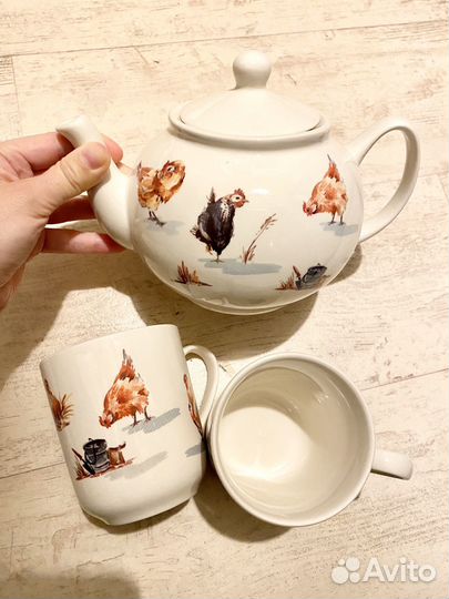 Сервиз чайник и 2 чашки Птичий двор новый