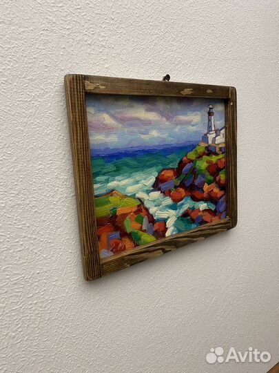 Маяк картина маслом в раме 23х28 см морской пейзаж