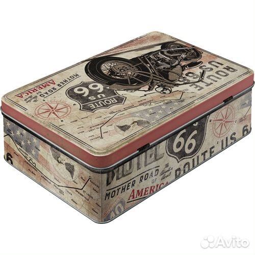 Винтажная жестяная коробка Route 66 с мотоциклом