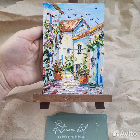 Картина маслом пейзаж Греции миниатюра цветы город