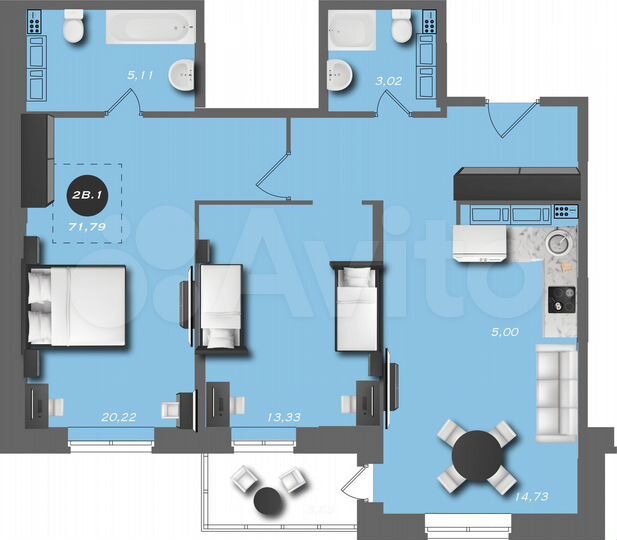 2-к. квартира, 71,8 м², 21/22 эт.