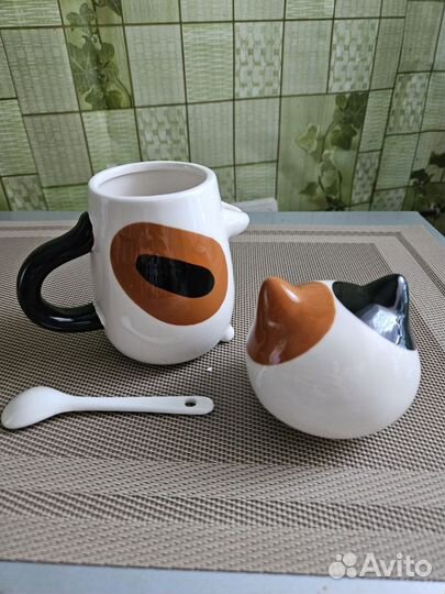 Кружка керамическая с ложкой неко кошка/кот