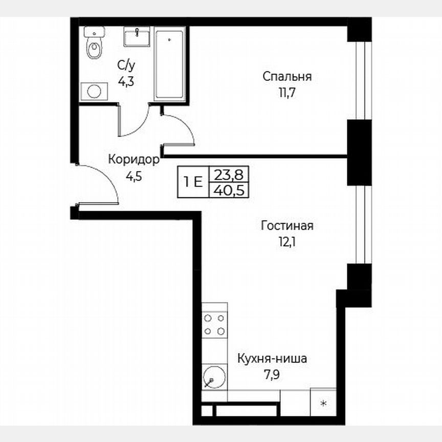 1-к. апартаменты, 40,5 м², 6/30 эт.