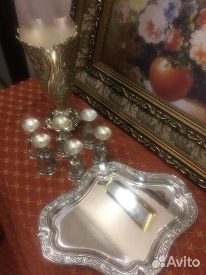 Набор из мельхиора для ликера, ваза, подсечник