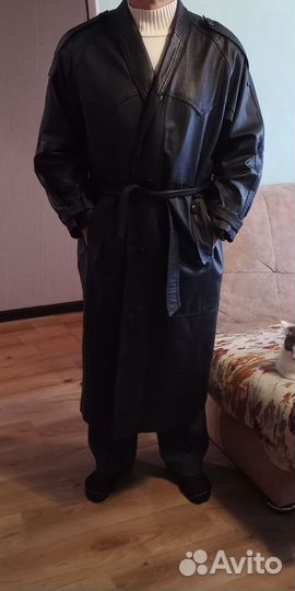 Кожаный, натуральный плащ мужской длинный