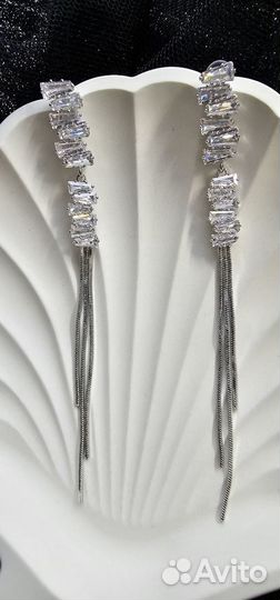 Серьги длинные цепочки с цирконами серебро