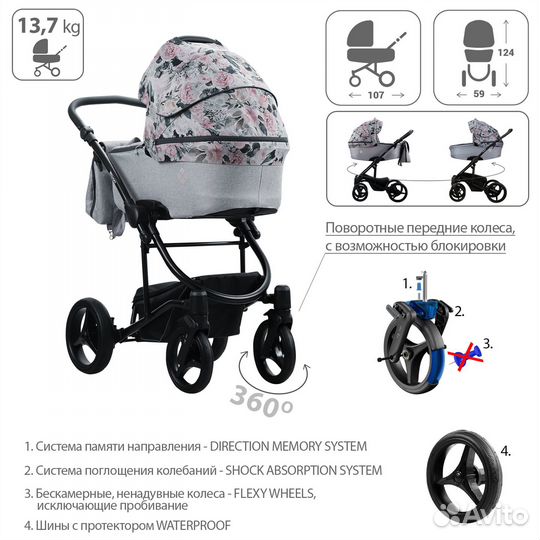 Детская коляска 2 в 1 Bebetto Torino TEX 01 CZM