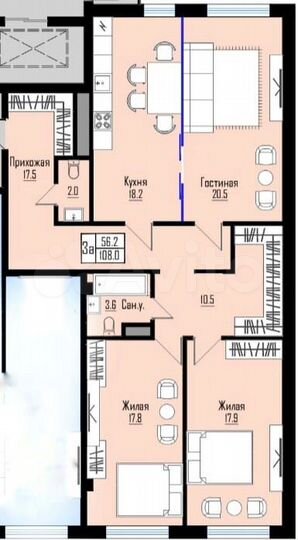 3-к. квартира, 108 м², 2/12 эт.