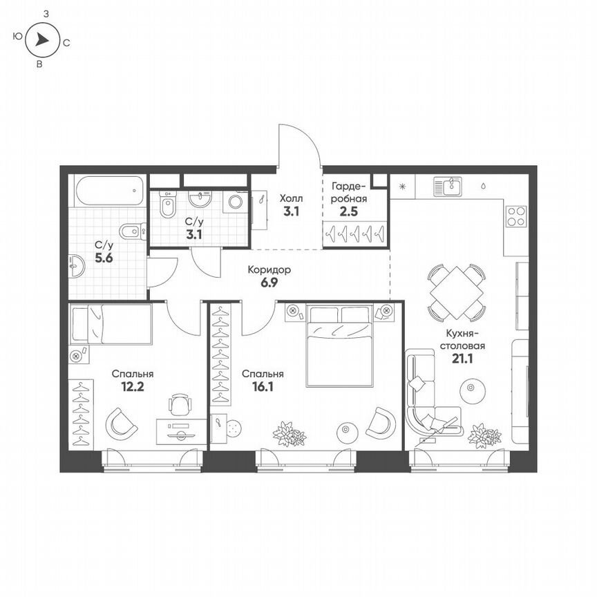 2-к. квартира, 70,6 м², 9/16 эт.