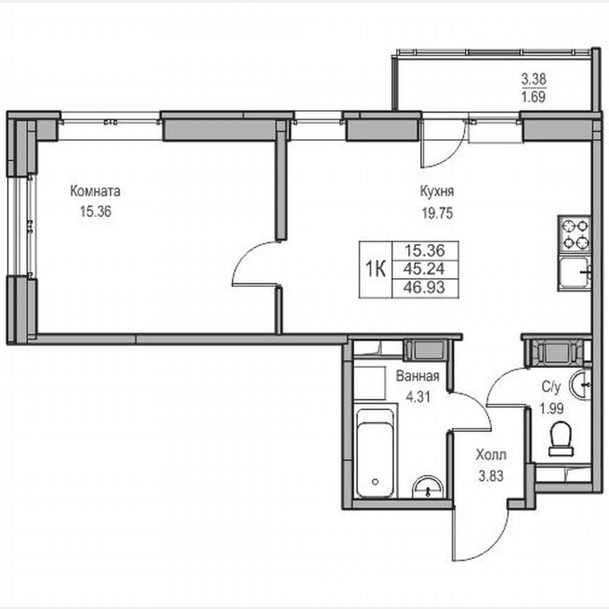 1-к. квартира, 46,9 м², 15/23 эт.