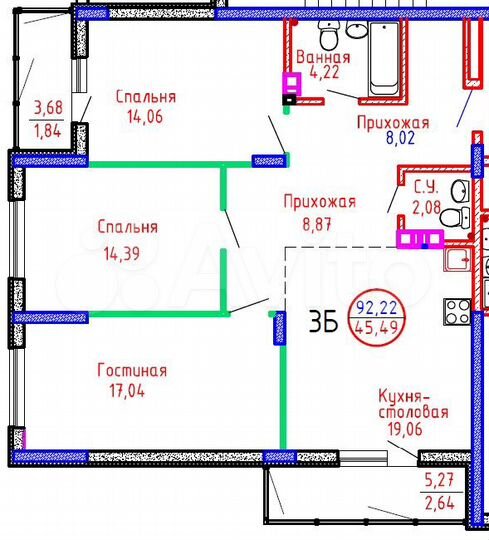 3-к. квартира, 92,2 м², 5/8 эт.