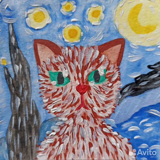 Картина Триптих Звёздный Ван Кот гуашь 10 см