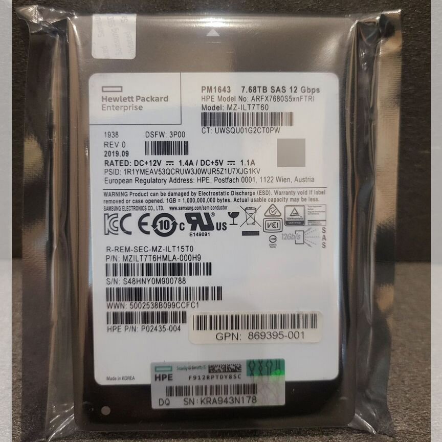 [PM1643] Samsung 7.68tb Mzilt76hmla-000h9 Hpe Pm1643