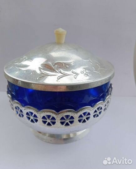 Емкость от конфетницы, синее стекло