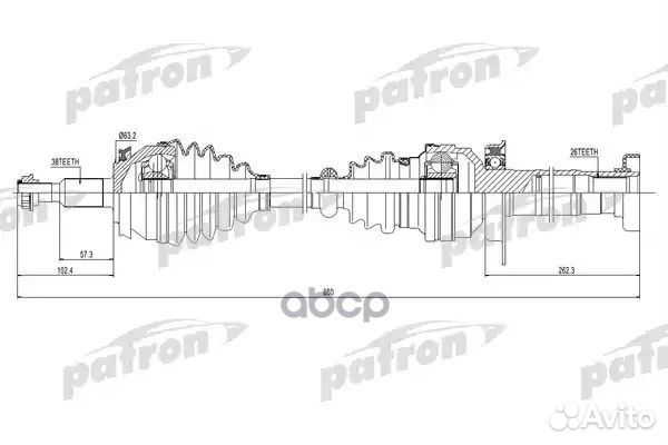 Patron Полуось правая 38X860X63,2X26 VW transpo