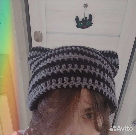 Шапка с ушками бини вязаная