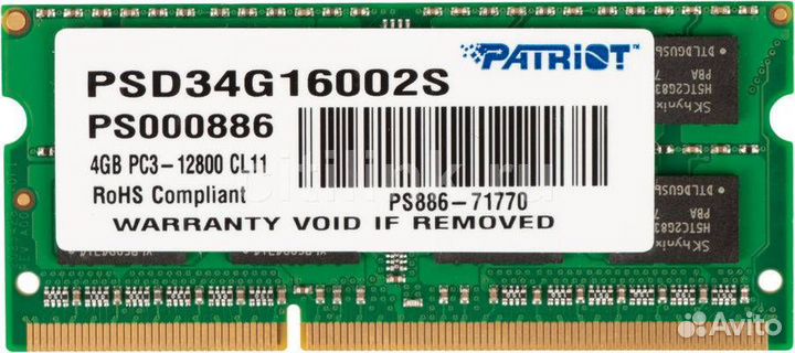 Оперативная память 4 Gb 1600 MHz patriot (PSD34G16