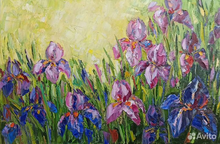 Картина ирисы маслом цветы на холсте 50х30 см