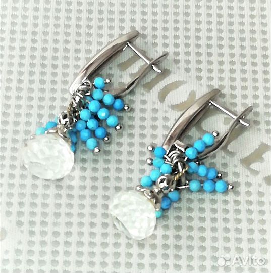 Серьги юв.сплав горный хрусталь, бирюза С571
