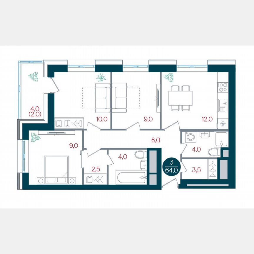 3-к. квартира, 64 м², 22/32 эт.
