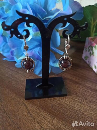 Серьги из граната, розового и арбузного кварца