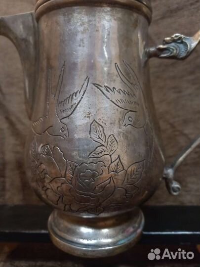 Старинный китайский латунный чайник,серебрение 19в