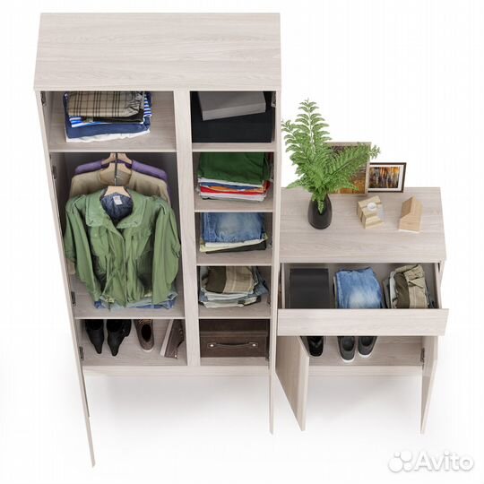 Шкаф для прихожей с зеркалом внутри и комод Ника, цвет ясень анкор светлый, шхгхв 163,8х38,3х207,9 с