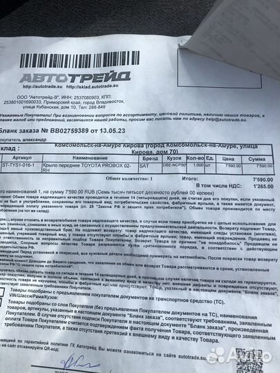 Правое переднее крыло на Пробокс