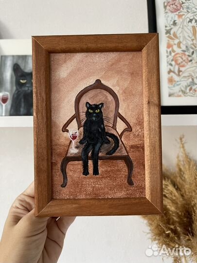 Картина кот с вином на кресле 10х15 картон