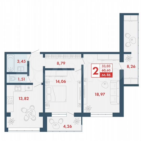 2-к. квартира, 66,9 м², 2/16 эт.