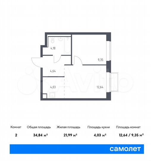 2-к. квартира, 34,8 м², 2/17 эт.