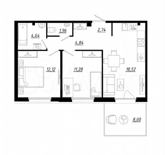 2-к. квартира, 58,5 м², 1/5 эт.