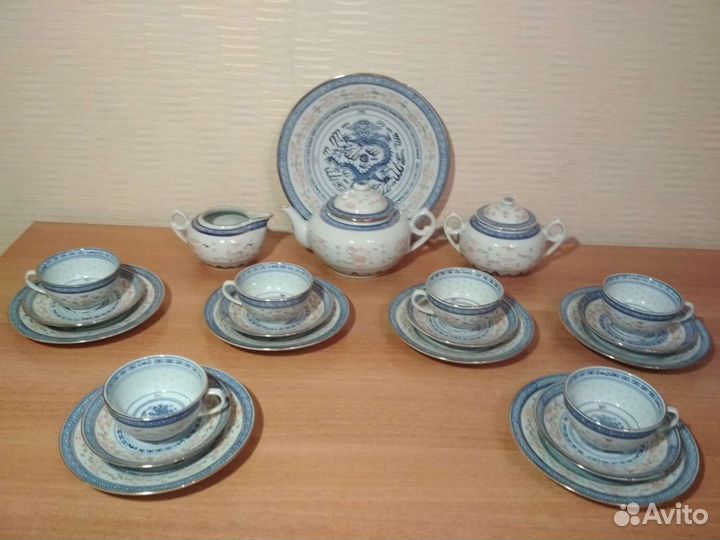 Чайный сервиз. Дракон.Рисовый фарфор.Старый китай
