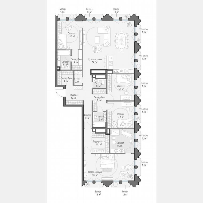 4-к. квартира, 202,4 м², 10/13 эт.