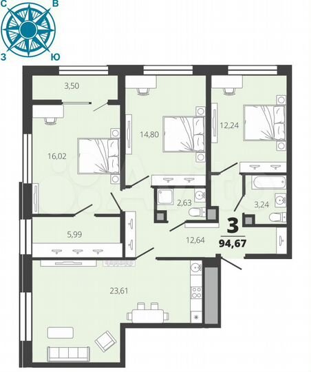 3-к. квартира, 94,7 м², 2/19 эт.