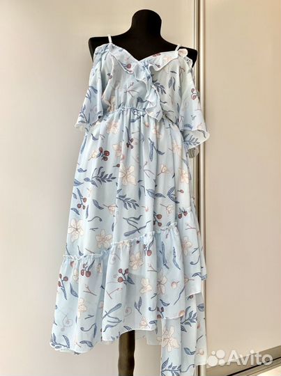 Голубое летнее платье миди 42-44 с оборками