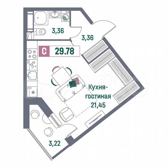 Квартира-студия, 29,8 м², 6/16 эт.