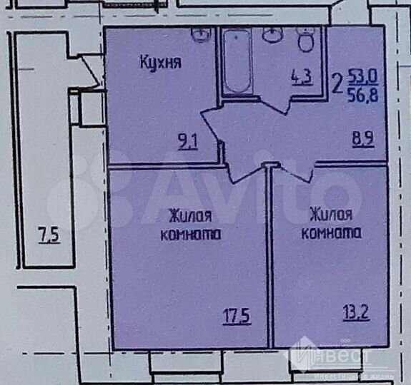 2-к. квартира, 56,8 м², 7/14 эт.