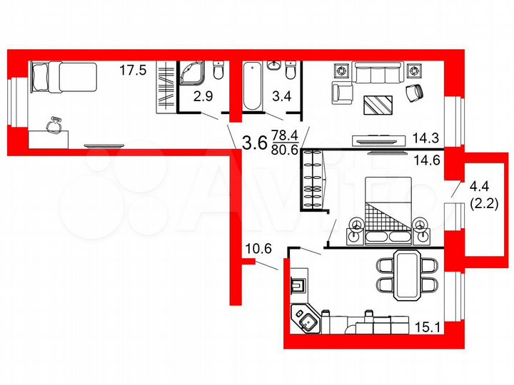 4-к. квартира, 80,6 м², 5/10 эт.