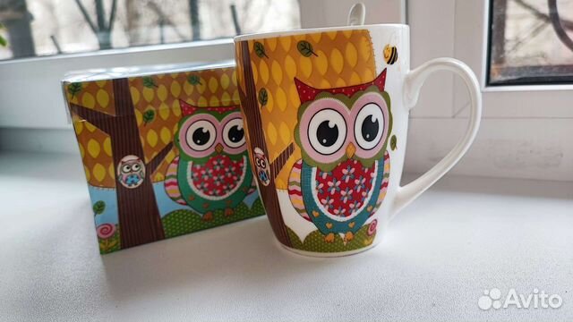 Новая кружка с ложкой керамическая, 370 мл, Совята