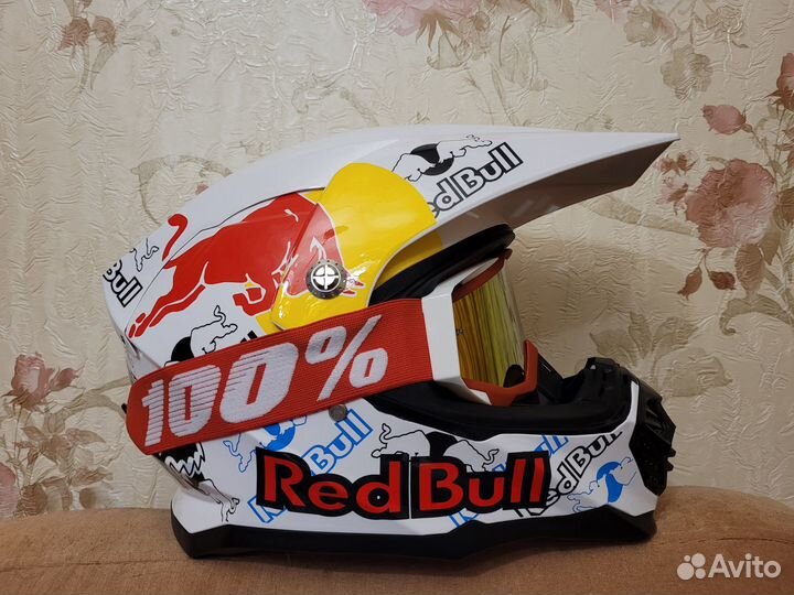 Мото Шлем с очками Кроссовый RedBull Новый Белый