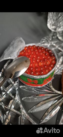 Коллекционная ватная ёлочная фигурка банка икры