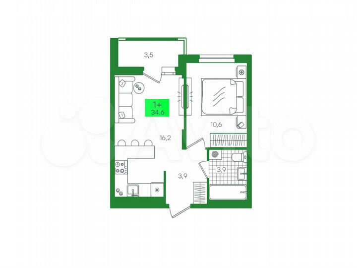 Квартира-студия, 34,6 м², 2/15 эт.