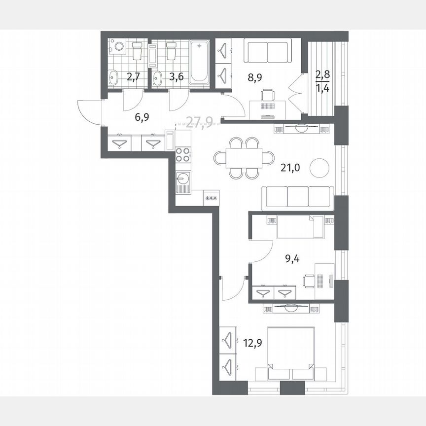 3-к. квартира, 67 м², 3/12 эт.