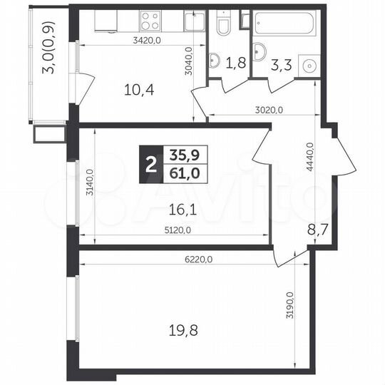 2-к. квартира, 60,6 м², 21/22 эт.